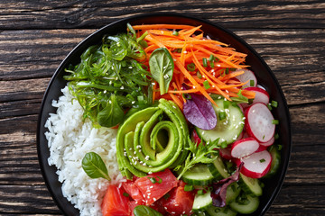 Raw Organic Ahi salmon Poke Bowl, closeup