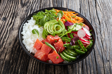 close-up of Raw Organic Ahi salmon Poke Bowl
