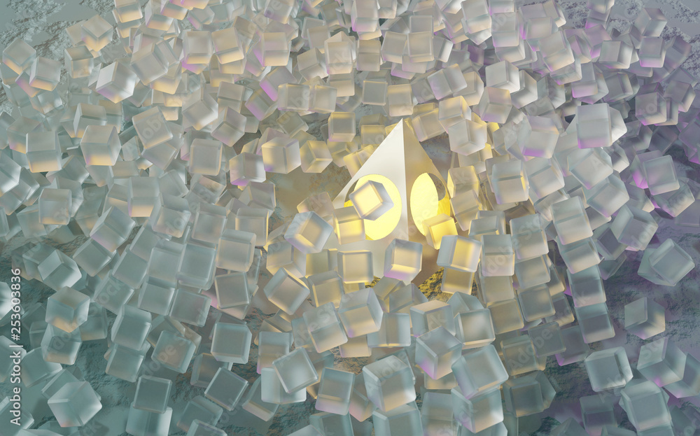 Poster futuristic cubes with lighting sphere abstract concept background, 3d rendering