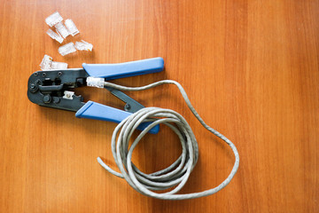 Set of telecommunication tools rj45 connectors, network crimping tool and network cable