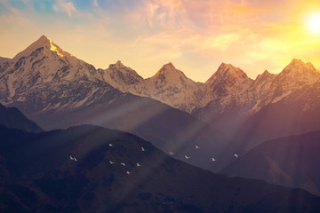 Obraz premium Panchchuli Himalaya mountain snow peaks at sunrise as viewed from Munsiyari Uttarakhand India.