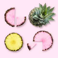 Creative color composition with pineapple on a pink background. Flat lay, top view, copy space....
