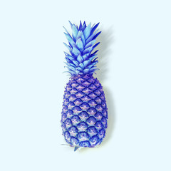 Composition with pineapple dyed in a neon gradient on a blue background. Summer tropical fruit. Flat lay, top view, copy space. Minimum summer concept.
