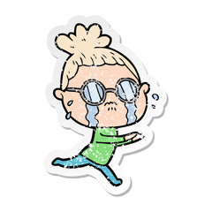 distressed sticker of a cartoon crying woman wearing spectacles