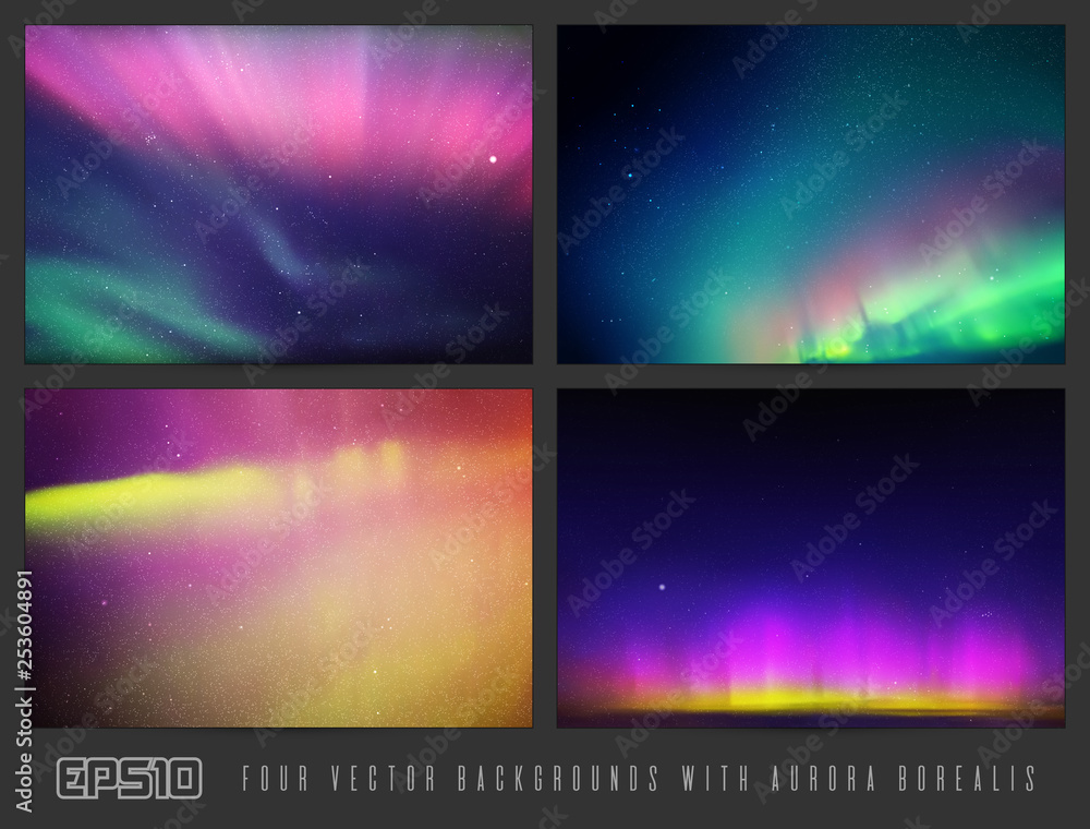 Poster vector set of colorful backgrounds with beautiful starry sky and northern lights. space illustration