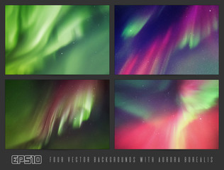 Vector set of colorful backgrounds with beautiful starry sky and Northern lights. Space illustration with aurora borealis for design.