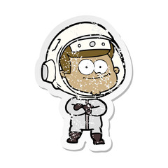 distressed sticker of a happy astronaut cartoon