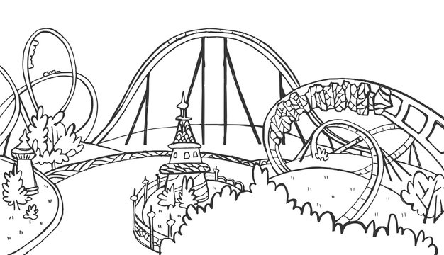 Amusement Park on a White Background. Black and white sketch. Roller Coaster on a White Background. Black and white horizontal image.