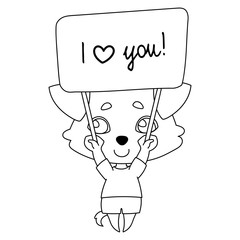 A dog with hanging ears holding a sign above the head with text 