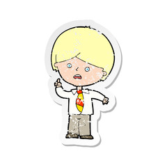 retro distressed sticker of a cartoon worried school boy raising hand