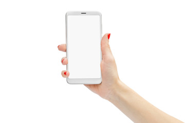 Woman's hand holding white smartphone with blank screen. Isolated on white.
