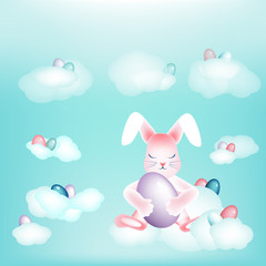 Easter bunny with colorful eggs napping on the clouds