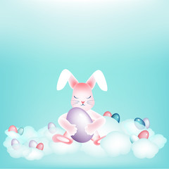 Fototapeta premium Easter bunny with colorful eggs napping on the clouds
