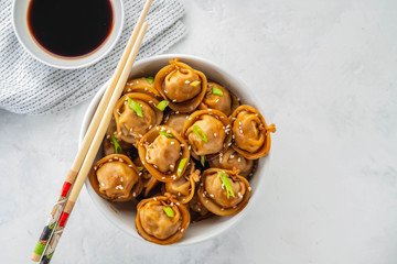 Fried dumplings with soy sauce with pepper and green onions. Asian cuisine. Copy space.