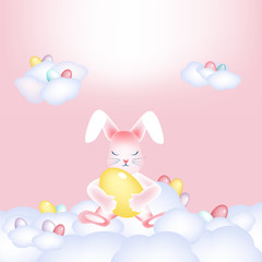 Fototapeta premium Easter bunny with colorful eggs napping on the clouds