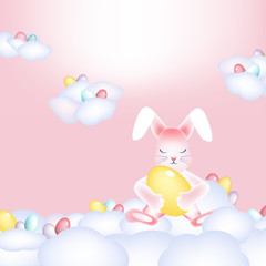 Easter bunny with colorful eggs napping on the clouds