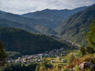 Elevated view of huts in a village on a hill, Dentam Town, Radhu Khandu Village, Sikkim, India