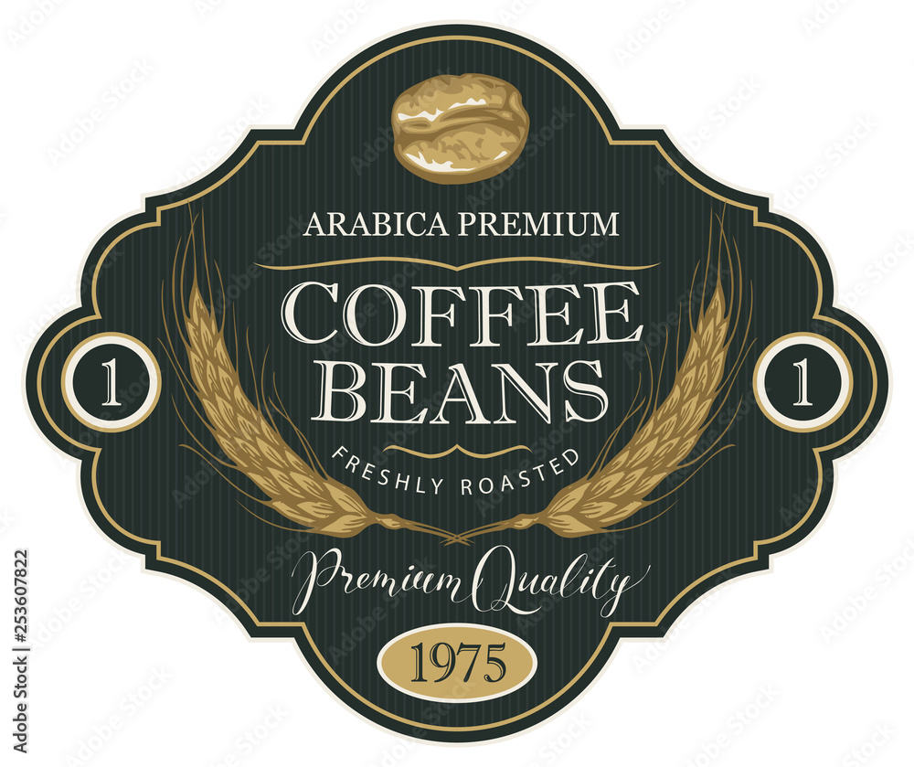 Poster vector label for coffee beans with wheat ears in retro style in figured frame on the striped backgro