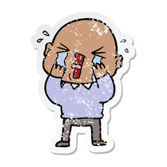 distressed sticker of a cartoon crying bald man