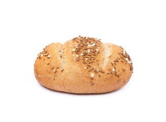 Crispy bun sprinkled with caraway isolated on white background