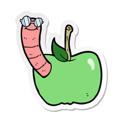 sticker of a cartoon apple with worm