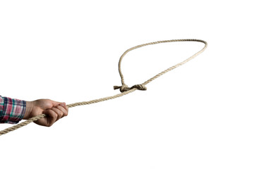 A lasso loop in the hands of a person, close-up on isolated white background.