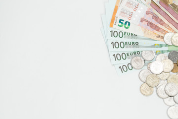 Money. Euro. Dollar bills are on a white background.