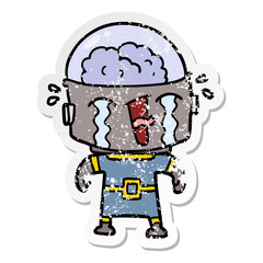 distressed sticker of a cartoon crying robot