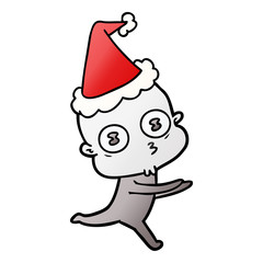 gradient cartoon of a weird bald spaceman running wearing santa hat