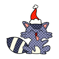 cute comic book style illustration of a raccoon wearing santa hat