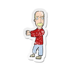 retro distressed sticker of a cartoon balding man explaining
