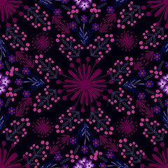 blue folk style flowers with violet ornaments over a dark color