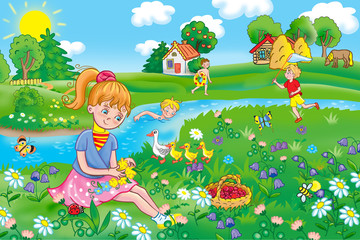 Children`s illustration for a book, album, magazine. A girl in the meadow, in the summer.
