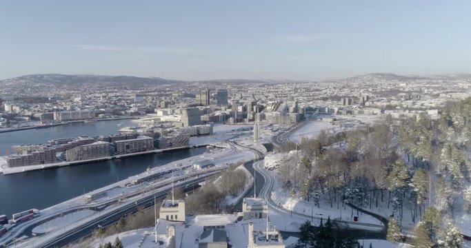 4K high angle aerial view of the beautiful Oslo skyline, The Munch Museum called Lambda and Barcode, a part of the new Bj&oslash;rvika Opera quarter in Oslo, in vibrant winter sunlight.