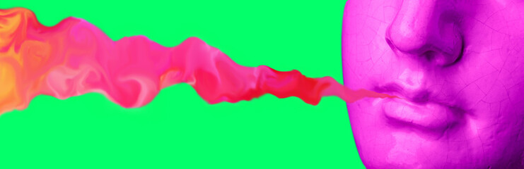 Smoke from lips purple antique sculpture on a retro vaporwave background. Contemporary art collage.