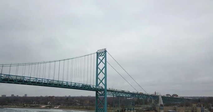 Trucks crossing the border into Windsor, Ontario via the Ambassador Bridge.