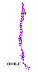 Mosaic Chile map isolated on a white background. Vector geographic abstraction in pink and violet colors. Mosaic of Chile map combined of random round items.