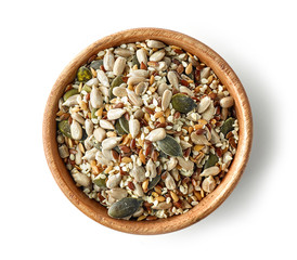 mix of seeds in wooden bowl