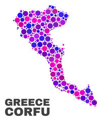 Mosaic Corfu Island map isolated on a white background. Vector geographic abstraction in pink and violet colors. Mosaic of Corfu Island map combined of random spheric elements.