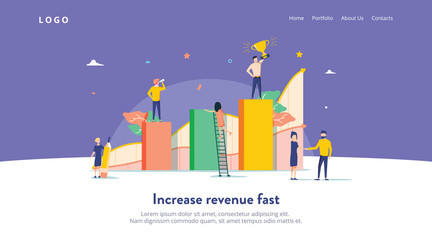 People work in a team and interact with graphs. Business, leadership, workflow management, office situations. Landing