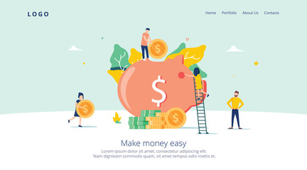 Money Pig Saving for Profit Landing Page. Finance Deposit Earning with Coin Icon. Symbol of Financial Investment