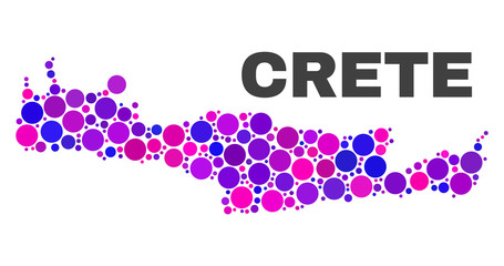 Mosaic Crete map isolated on a white background. Vector geographic abstraction in pink and violet colors. Mosaic of Crete map combined of random round items.