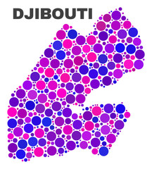 Mosaic Djibouti map isolated on a white background. Vector geographic abstraction in pink and violet colors. Mosaic of Djibouti map combined of scattered circle points.