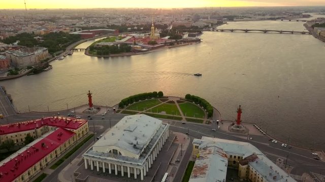 Aerial wide angle view of Petropavlovskaya krepost and vasilyevskiy island of Saint-Petersburg.