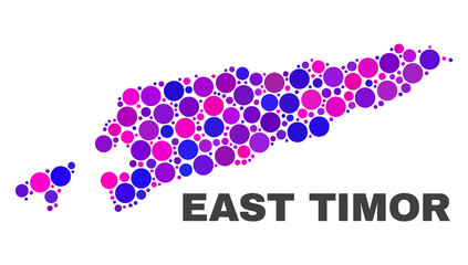 Mosaic East Timor map isolated on a white background. Vector geographic abstraction in pink and violet colors. Mosaic of East Timor map combined of scattered spheric items.