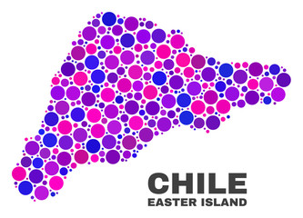 Mosaic Easter Island map isolated on a white background. Vector geographic abstraction in pink and violet colors. Mosaic of Easter Island map combined of scattered spheric elements.