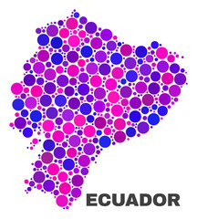 Mosaic Ecuador map isolated on a white background. Vector geographic abstraction in pink and violet colors. Mosaic of Ecuador map combined of scattered spheric items.