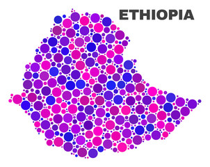 Mosaic Ethiopia map isolated on a white background. Vector geographic abstraction in pink and violet colors. Mosaic of Ethiopia map combined of random round elements.