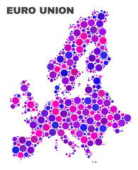 Mosaic Euro Union map isolated on a white background. Vector geographic abstraction in pink and violet colors. Mosaic of Euro Union map combined of scattered round items.