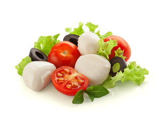 Mozzarella with tomato, olives and lettuce